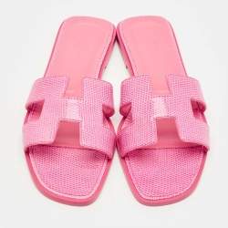 Pre Owned Hermès Pink Lizard Oran Flat Slides Size 40