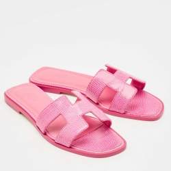 Pre Owned Hermès Pink Lizard Oran Flat Slides Size 40