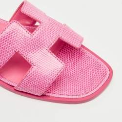 Pre Owned Hermès Pink Lizard Oran Flat Slides Size 40