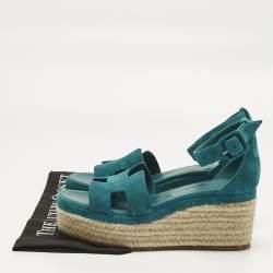 مملوكة مسبقًا Hermes Blue Suede Elda Wedge Sandals Size 39