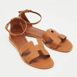 Pre Owned Hermes Brown Leather Santorini Ankle Strap Sandals Size 38