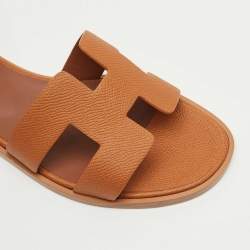 Pre Owned Hermes Brown Leather Santorini Ankle Strap Sandals Size 38