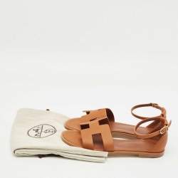 Pre Owned Hermes Brown Leather Santorini Ankle Strap Sandals Size 38