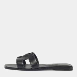 Pre Owned Hermès Black Leather Oran Flat Slide Size 38