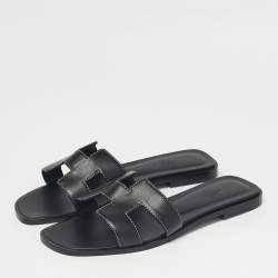 Pre Owned Hermès Black Leather Oran Flat Slide Size 38