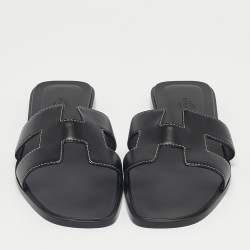 Pre Owned Hermès Black Leather Oran Flat Slide Size 38
