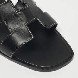 Pre Owned Hermès Black Leather Oran Flat Slide Size 38