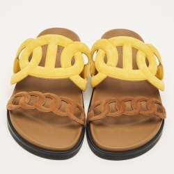 Pre Owned Hermes Extra Size 39 Yellow/Brown Suede Flat Sandals