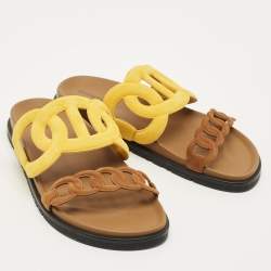 Pre Owned Hermes Extra Size 39 Yellow/Brown Suede Flat Sandals