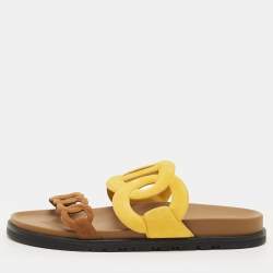 Pre Owned Hermes Extra Size 39 Yellow/Brown Suede Flat Sandals