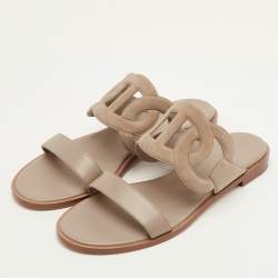 مملوكة مسبقًا Hermes Lagune Size 39.5 Khaki Beige Leather and Suede Flat Slide Sandals