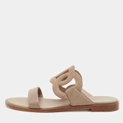Pre Owned Hermes Lagune Size 39.5 Khaki Beige Leather and Suede Flat Slide Sandals