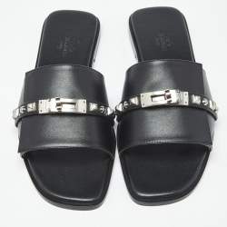 Pre Owned Hermès Giulia Studded Size 39.5 Black Leather Flat Slides