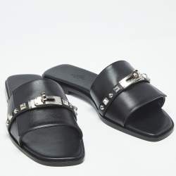 Pre Owned Hermès Giulia Studded Size 39.5 Black Leather Flat Slides