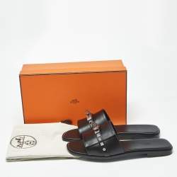 Pre Owned Hermès Giulia Studded Size 39.5 Black Leather Flat Slides