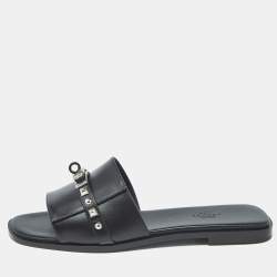 Pre Owned Hermès Giulia Studded Size 39.5 Black Leather Flat Slides
