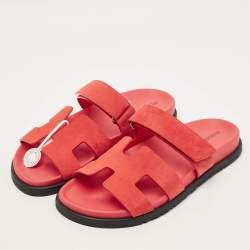Pre Owned Hermès Chypre Size 39.5 Red Suede Flat Sandals