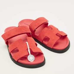 Pre Owned Hermès Chypre Size 39.5 Red Suede Flat Sandals