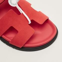 Pre Owned Hermès Chypre Size 39.5 Red Suede Flat Sandals