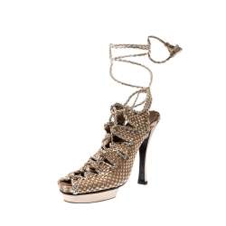 Hermes Beige/Metallic Gold Braided Leather Platform Ankle Wrap Open Toe Sandals Size 38