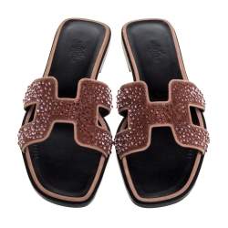 Hermes Suede Leather Pearl Embellished Oran Flat Slides Size 37 