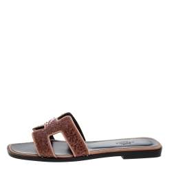 Hermes Suede Leather Pearl Embellished Oran Flat Slides Size 37 