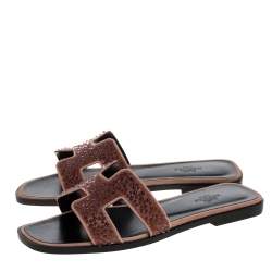 Hermes Suede Leather Pearl Embellished Oran Flat Slides Size 37 