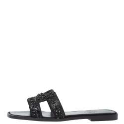 مملوكة مسبقًا صندل فلات هيرمس "اوران" جلد مزخرف كريستال أسود مقاس 36.5