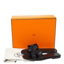 مملوكة مسبقًا صندل فلات هيرمس "اوران" جلد مزخرف كريستال أسود مقاس 36.5