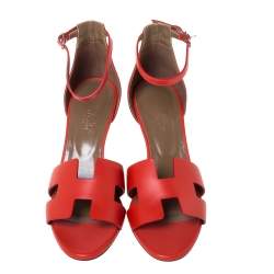 Pre Owned Hermes Red Leather Legend Wedge Ankle Strap Sandals Size 40.5