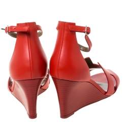 Pre Owned Hermes Red Leather Legend Wedge Ankle Strap Sandals Size 40.5