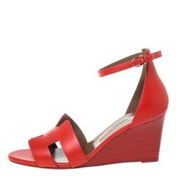 Pre Owned Hermes Red Leather Legend Wedge Ankle Strap Sandals Size 40.5