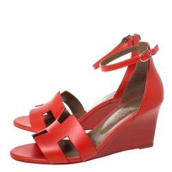 Pre Owned Hermes Red Leather Legend Wedge Ankle Strap Sandals Size 40.5