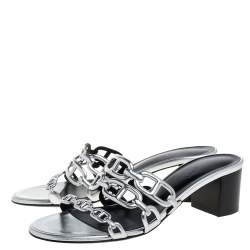 مملوكة مسبقًا Hermes Silver Leather Tandem Slide Sandals Size 36