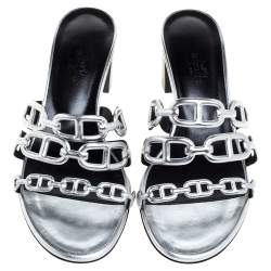 مملوكة م سبقًا Hermes Silver Leather Tandem Slide Sandals Size 36