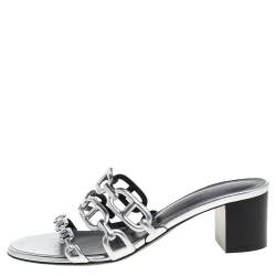 مملوكة مسبقًا Hermes Silver Leather Tandem Slide Sandals Size 36