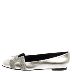 Pre Owned Hermes Metallic Silver Leather Nice Flats Size 40.5