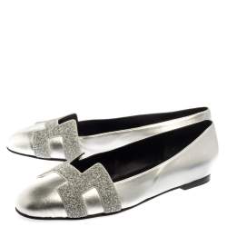 Pre Owned Hermes Metallic Silver Leather Nice Flats Size 40.5