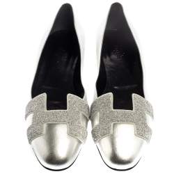 Pre Owned Hermes Metallic Silver Leather Nice Flats Size 40.5