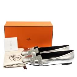 Pre Owned Hermes Metallic Silver Leather Nice Flats Size 40.5