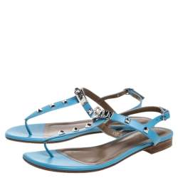Pre Owned Hermes Blue Leather Olivia Ankle Strap Sandals Size 37.5