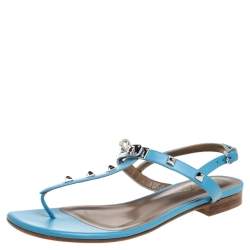 Pre Owned Hermes Blue Leather Olivia Ankle Strap Sandals Size 37.5