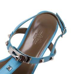 Pre Owned Hermes Blue Leather Olivia Ankle Strap Sandals Size 37.5