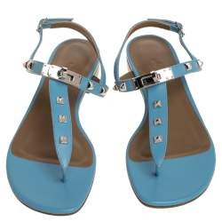 Pre Owned Hermes Blue Leather Olivia Ankle Strap Sandals Size 37.5