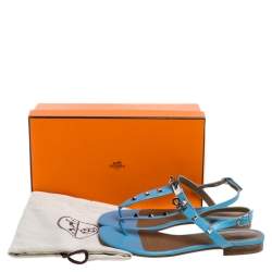 Pre Owned Hermes Blue Leather Olivia Ankle Strap Sandals Size 37.5