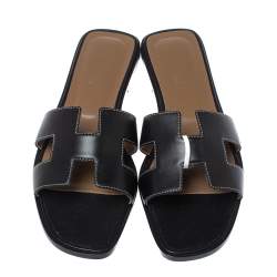 Pre Owned Hermes Black Leather Oran Flat Slides Size 39.5