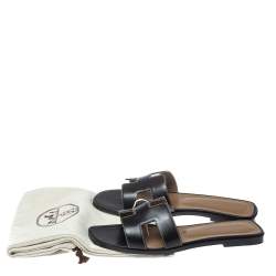 Pre Owned Hermes Black Leather Oran Flat Slides Size 39.5