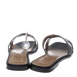 Pre Owned Hermes Black Leather Oran Flat Slides Size 39.5
