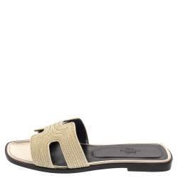 Pre Owned Hermes Metallic Pale Gold Twisted Metal Thread Oran Sandals Size 37