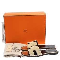 Pre Owned Hermes Metallic Pale Gold Twisted Metal Thread Oran Sandals Size 37